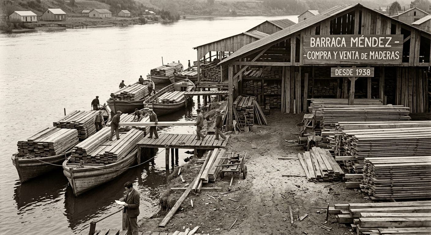 Barraca Méndez, el negocio de compra y venta de madera de Eulogio Méndez Franco a orillas del río Calle-Calle en Valdivia, con botes cargados de tablas junto al galpón