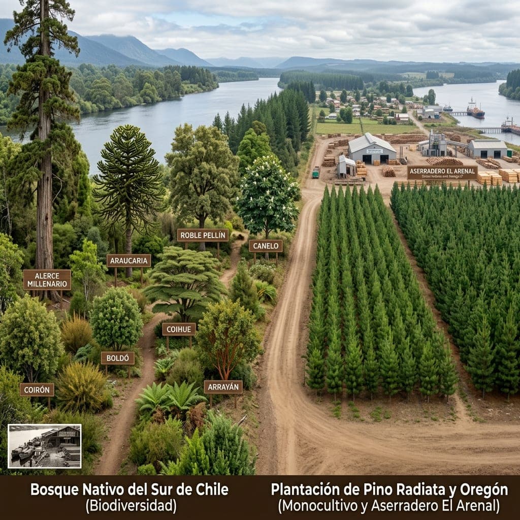 Comparación entre el bosque nativo del sur de Chile (raulí, roble pellín, coihue, arrayán) y una plantación de Pino Radiata junto a las instalaciones de Aserradero El Arenal