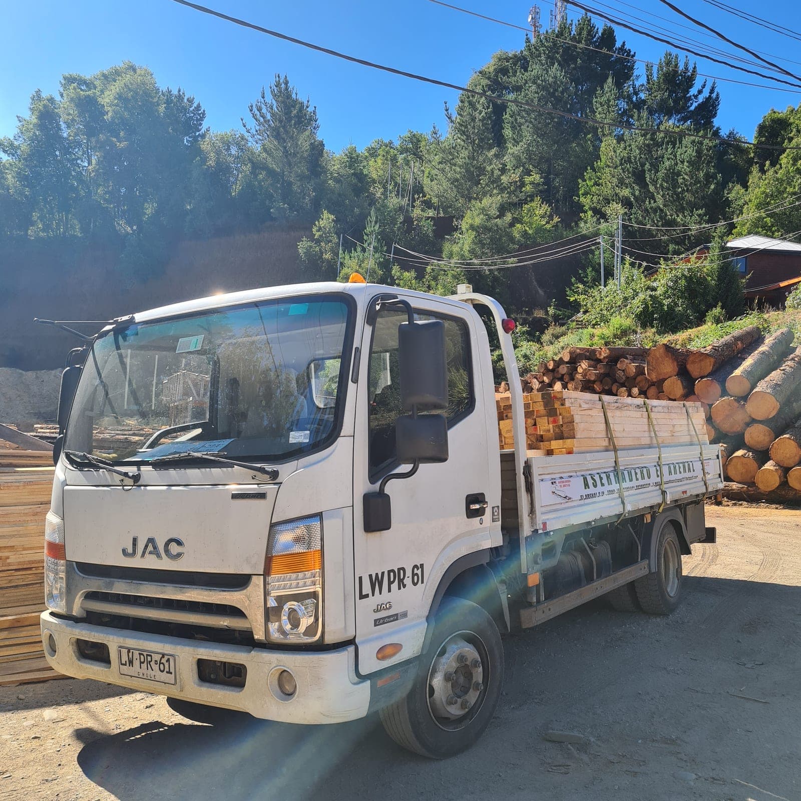 Camión de despacho de Aserradero El Arenal cargado con madera aserrada y trozos de pino, listo para entregar en Valdivia